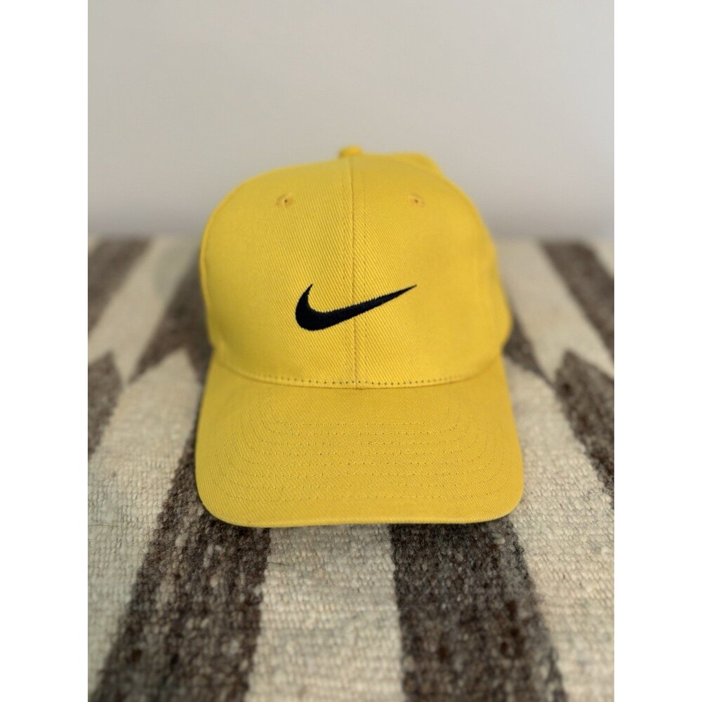 VTG Y2K Nike Yellow Embroidered Check Strapback Canvas Hat Baseball Cap